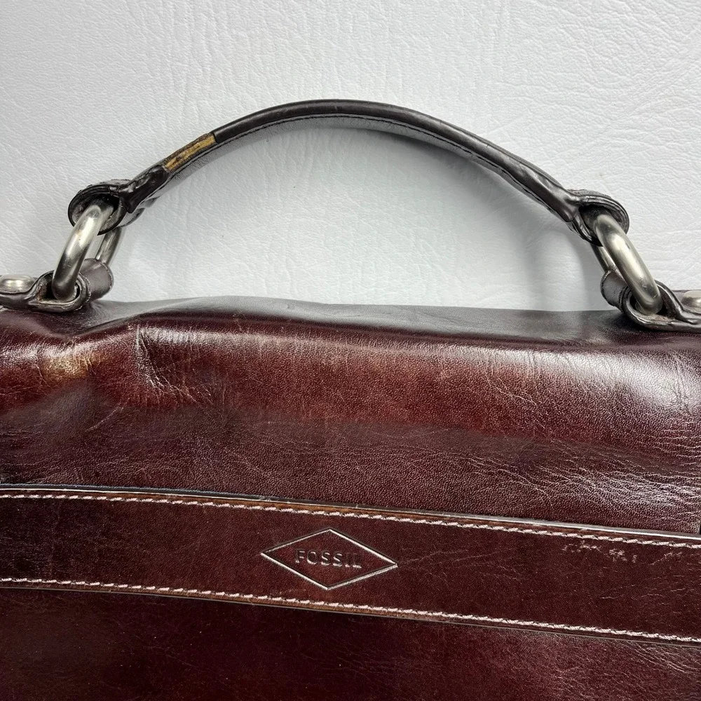 Fossil Mens Dark Brown Leather Messenger Bag Briefcase Laptop Satchel MBG9044